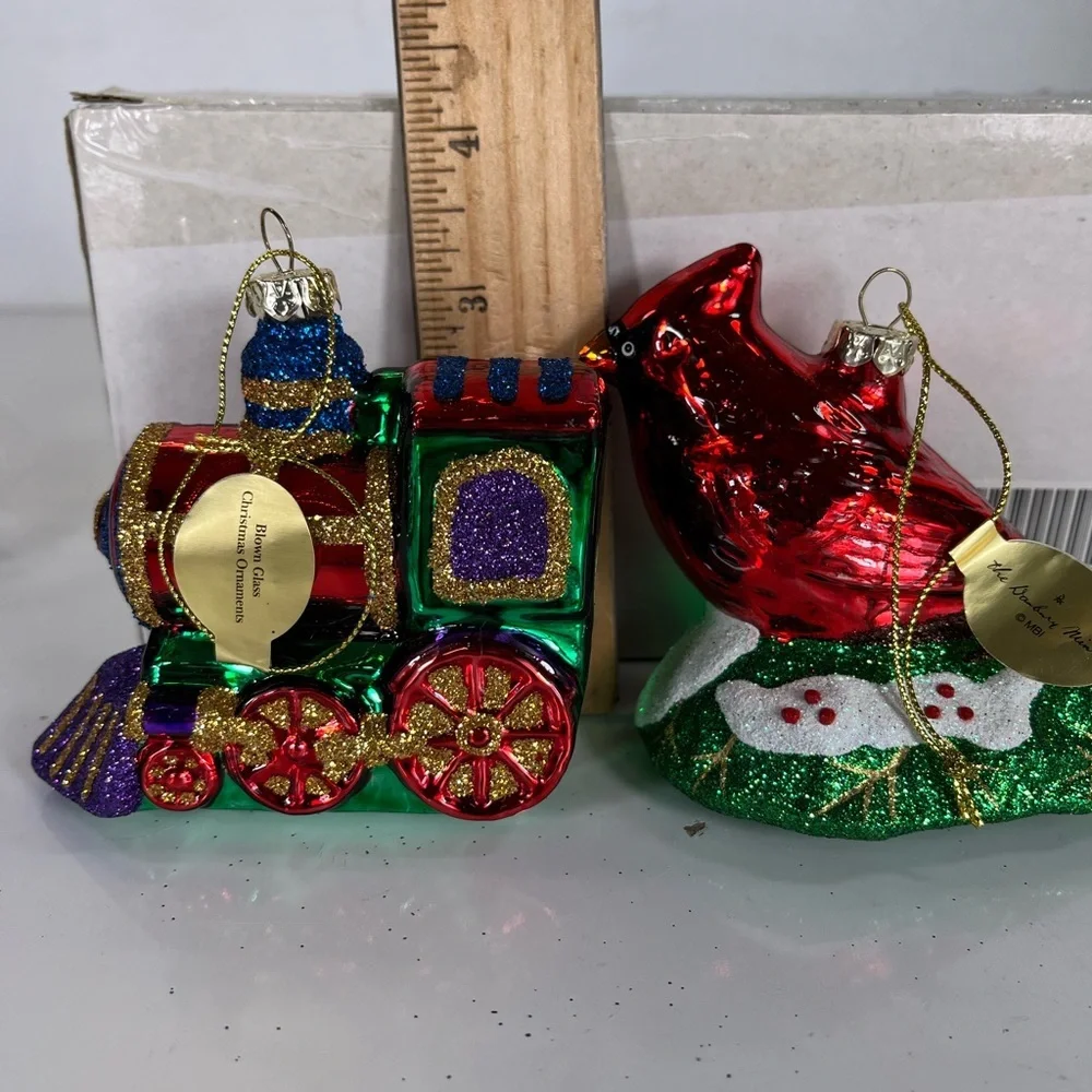2 Danbury Mint Blown Glass Christmas Ornaments Train‎ And Cardinal